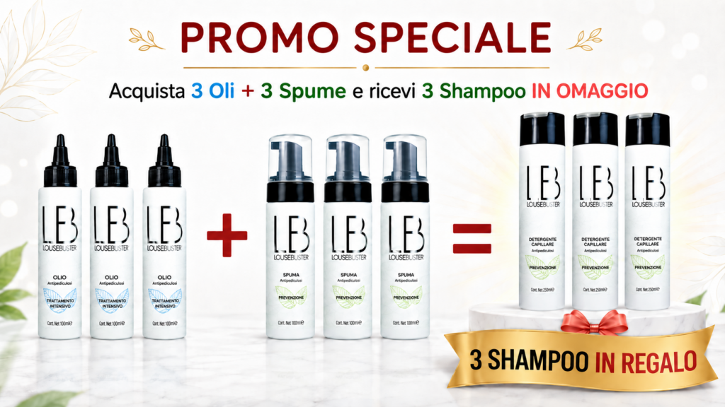 promozione louse buster contro i pidocchi: acquista 3 oli e 3 spume e ricevi 3 shampoo in omaggio