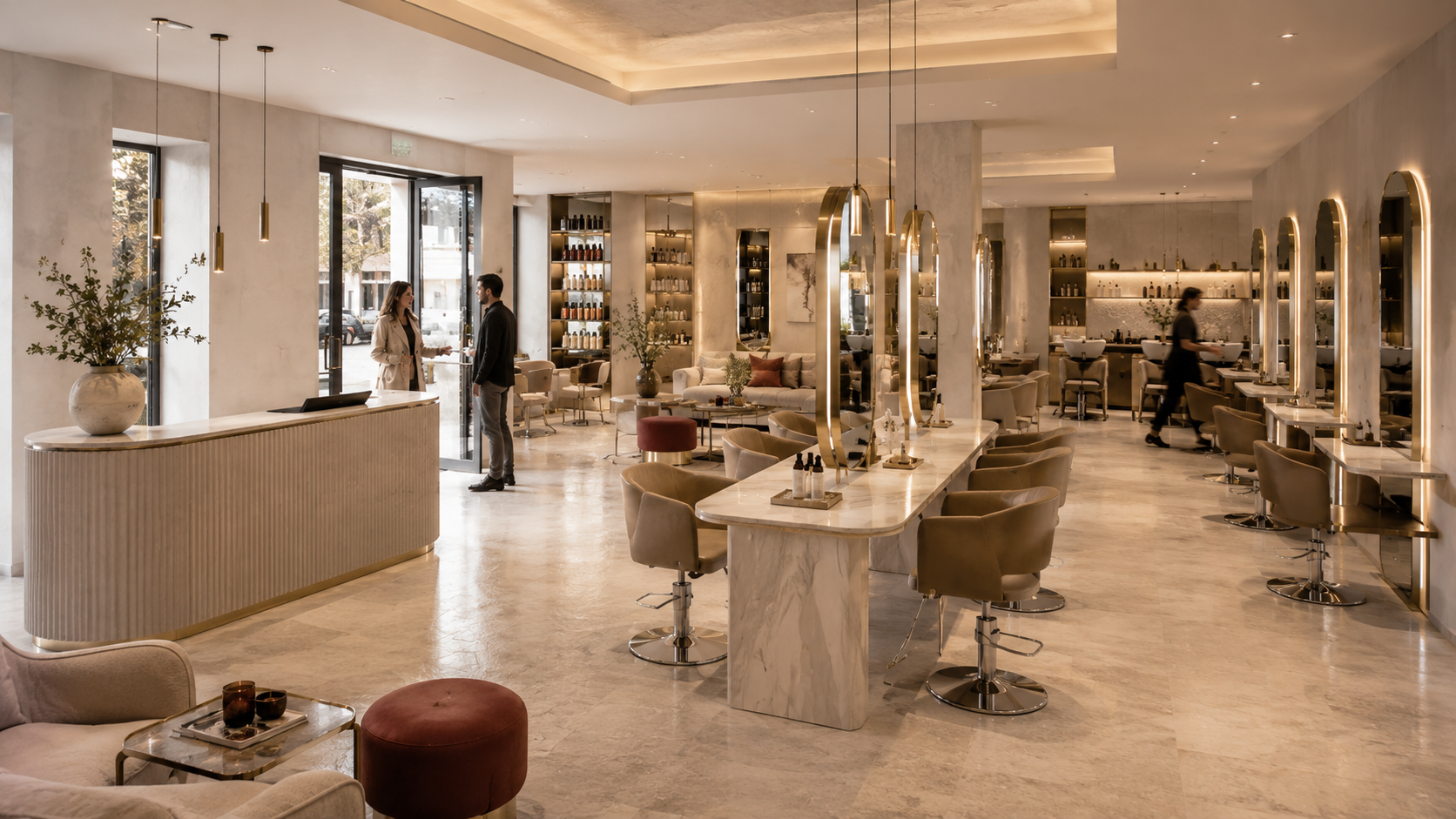 Salone di parrucchieri moderno progettato con arredi e postazioni professionali