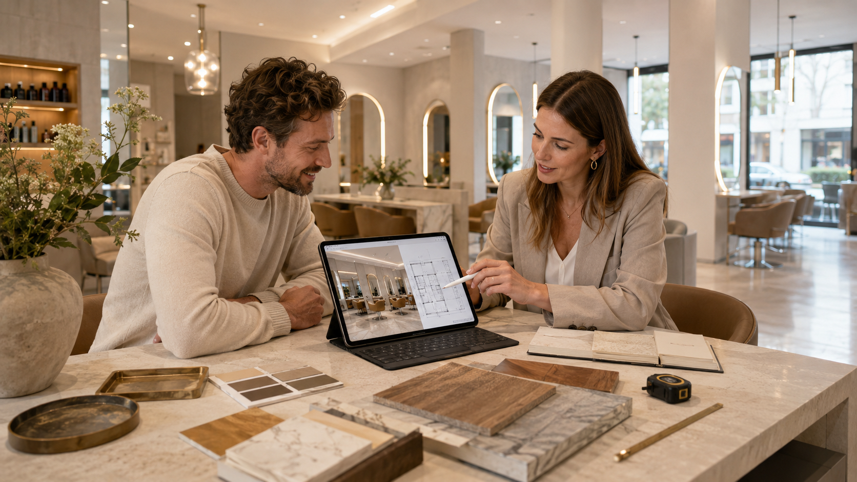 Consulenza di progettazione per salone di parrucchieri con rendering e materiali