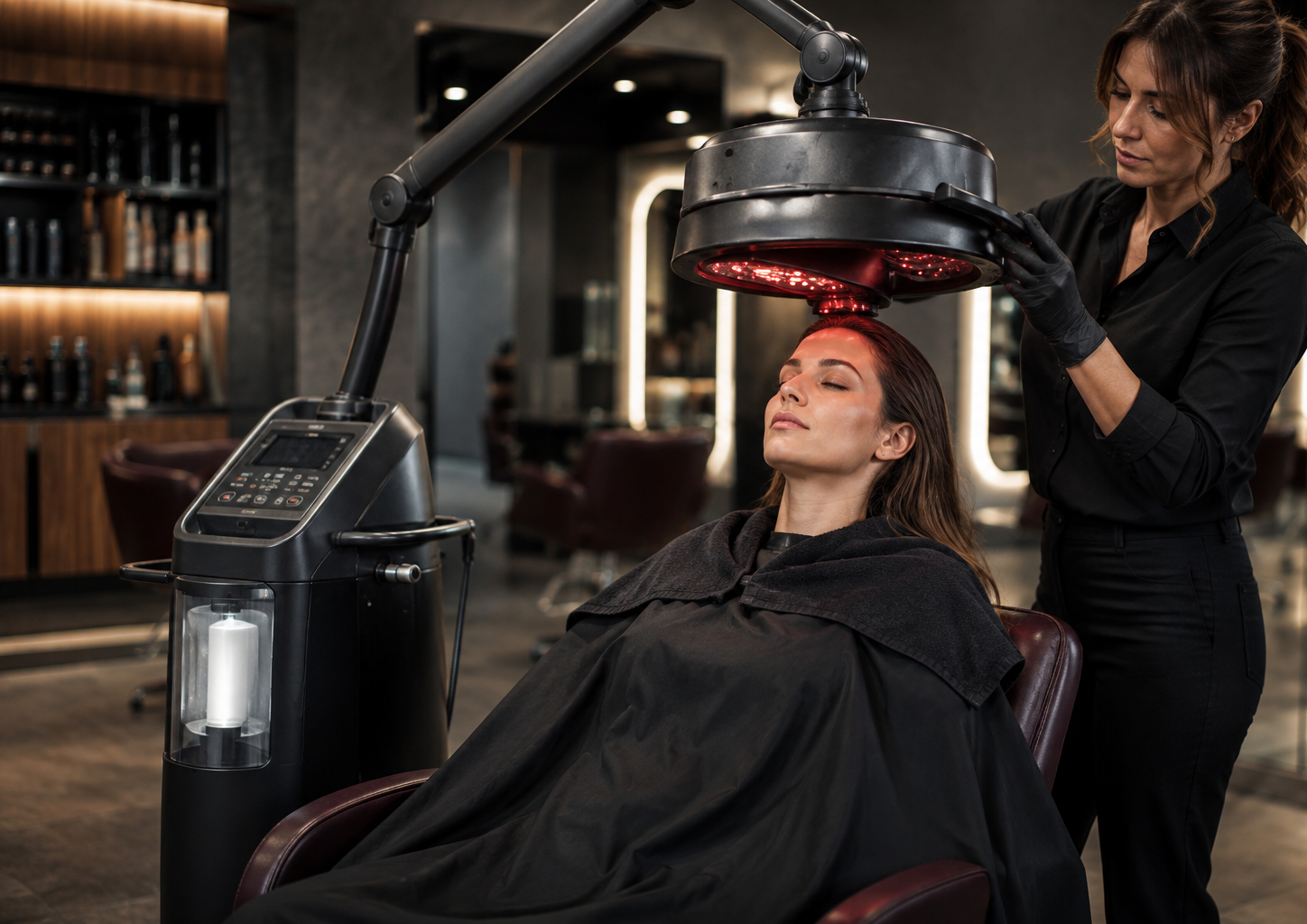 Parrucchiera utilizza un’apparecchiatura professionale per trattamento capelli in salone