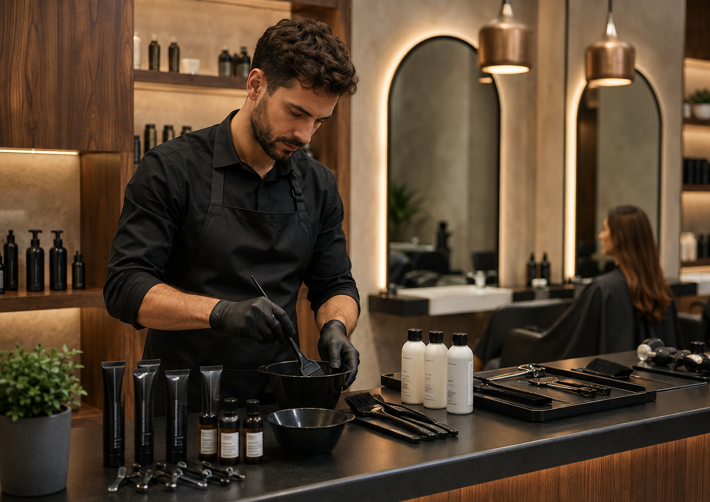 Parrucchiere prepara un trattamento professionale per capelli in salone