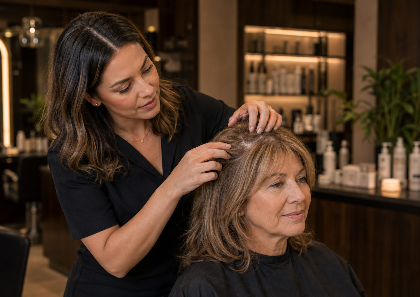 Parrucchiera analizza il cuoio capelluto di una cliente in salone
