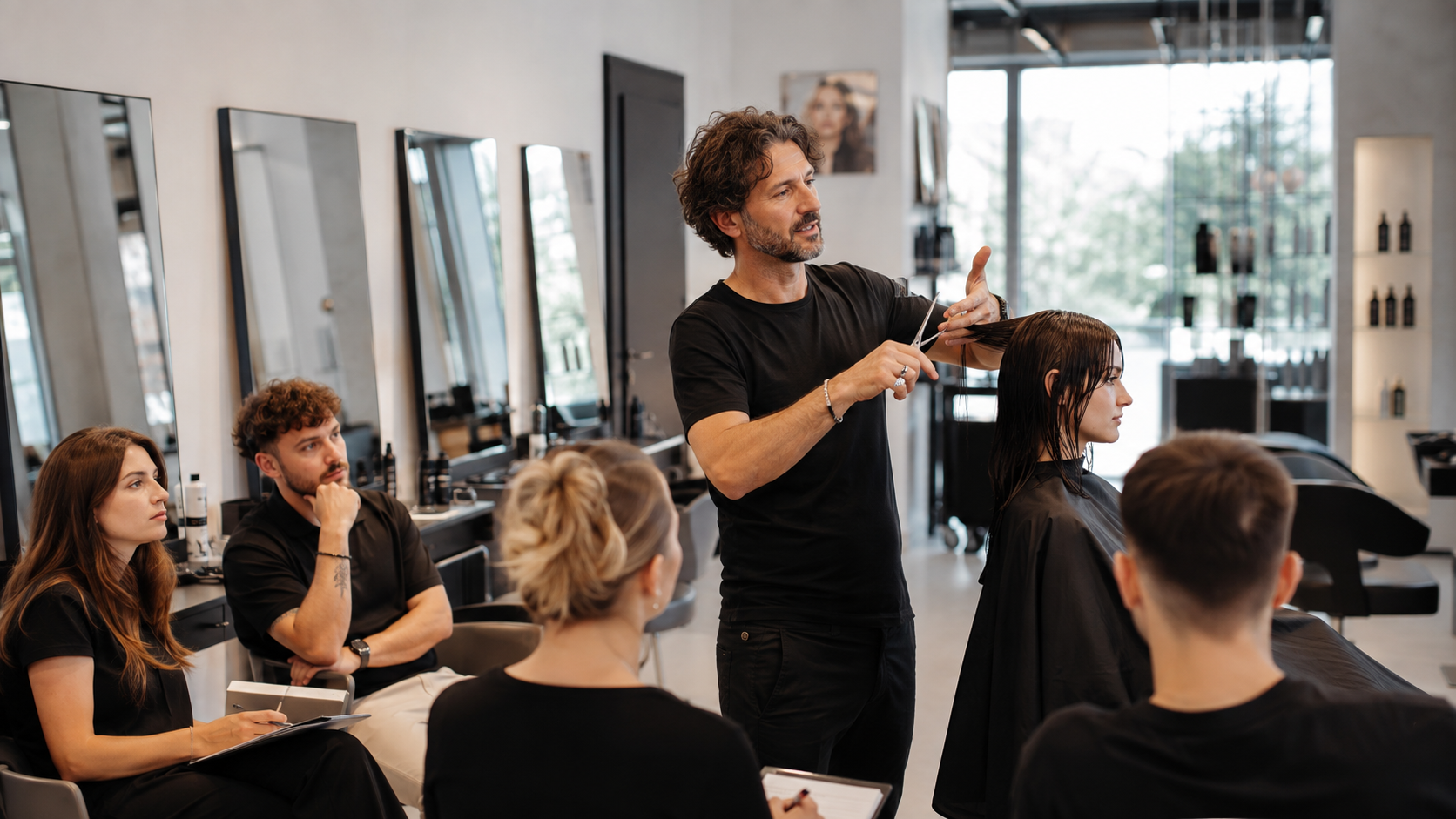 Dimostrazione di taglio professionale durante un corso per parrucchieri