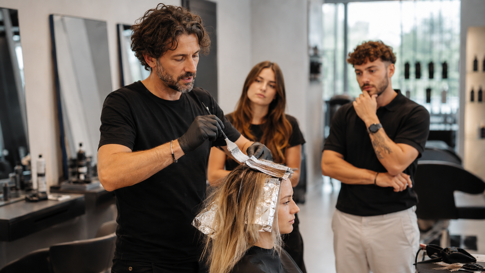 Dimostrazione di colorazione professionale durante un corso per parrucchieri
