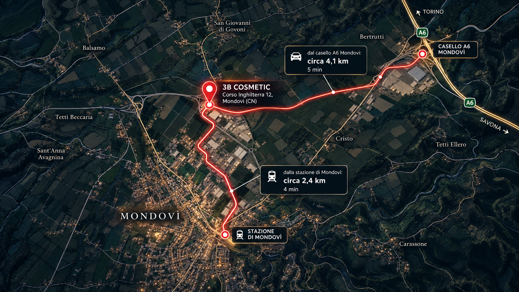 Mappa di Mondovì. e della sede di 3B cosmetic con distanza e percorso dal casello autostradale sulla A6 Torino-Savona e dalla stazione ferroviaria