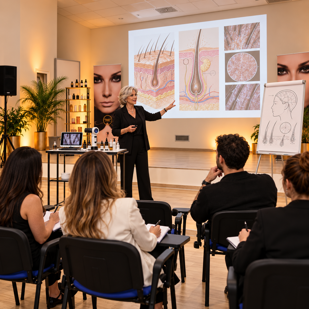 In 3B cosmetic una formatrice esperta tricologa tiene una lezione per piccoli gruppi di parrucchieri